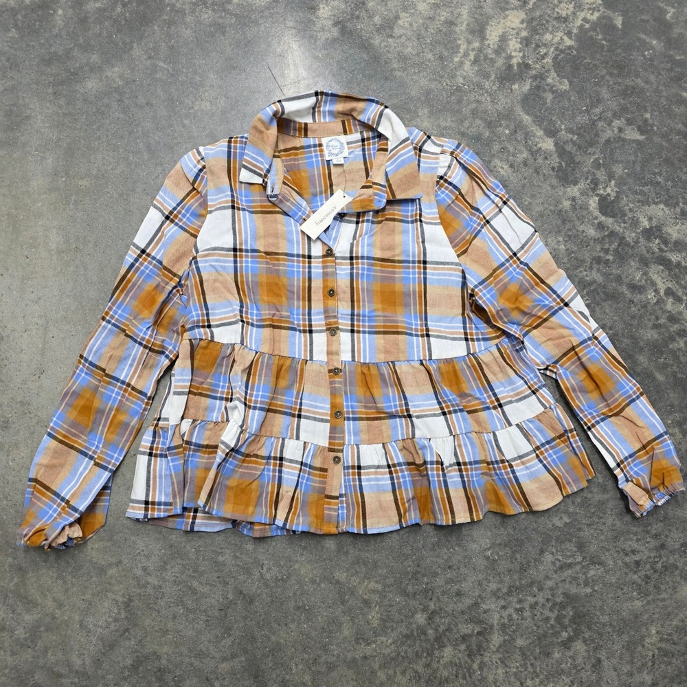 Button-Front Plaid Peplum Shirt - Mustard Blue - Unknown Brand